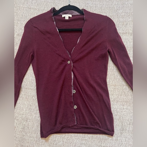 Burberry Brit Merino Wool Purple w Nova Check Trim V Neck Cardigan Sweater - Picture 1 of 6
